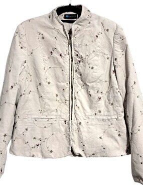 Relativity Womens Embroidered Corduroy Jacket Size L Beige 100% Cotton Polyester